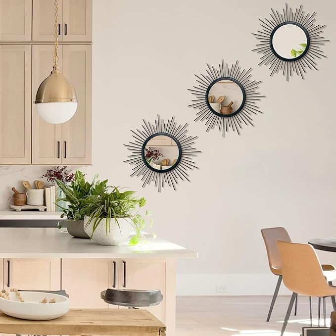 Cityelf 3 Set Black Sunburst Mirrors for Wall Decorative Metal Mirrors Small Mirror Sets Decor Hanging Mirror Wall Sculpture for Bedroom Living Room Entryway