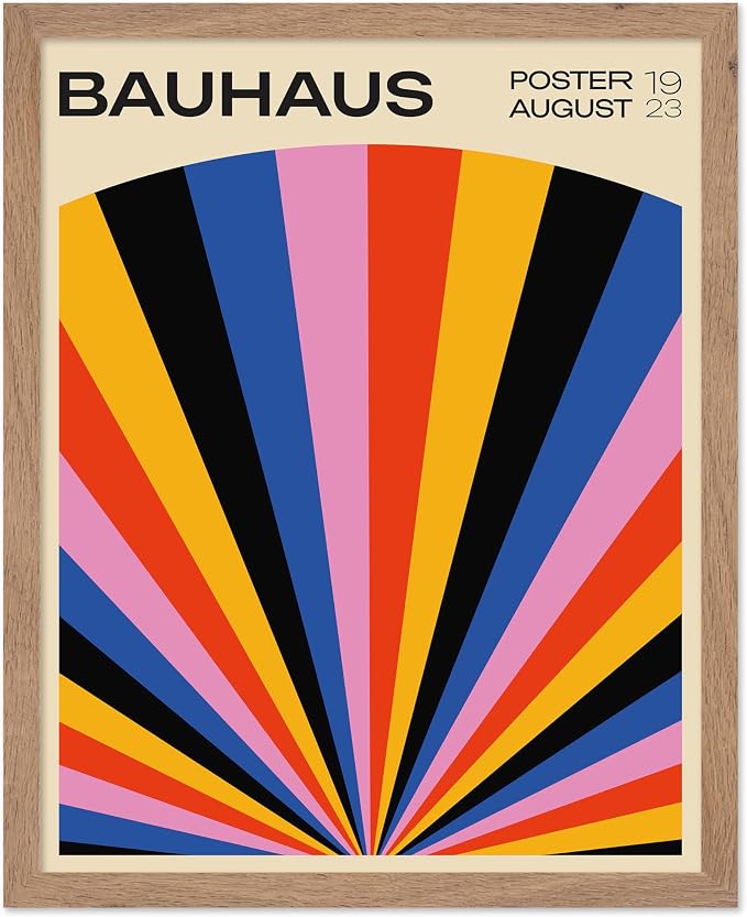 Poster Master Bauhaus Poster - Rainbow Sun Rays Print - Geometric - Abstract Art- Graphic Design - Chic Boho - Mid Century Modern Art - 11x14 Beige Framed