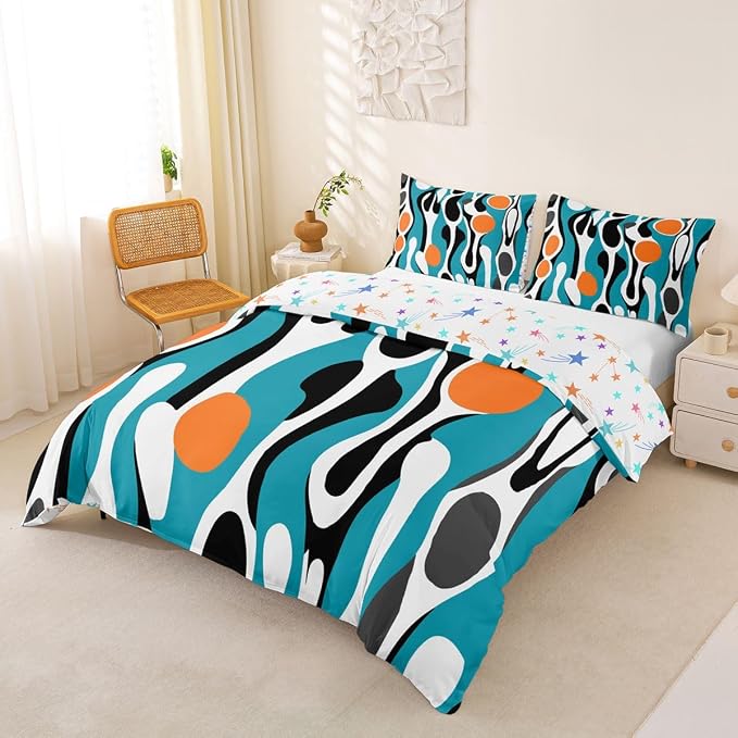Erosebridal Mid Century Modern Abstract Duvet Cover Set Vintage Geometric Girl Toddler Bedding Set for Toddler Boys Contemporary Organic Shapes Comforter Cover Squiggle Blob Bed Sets,Teal Orange