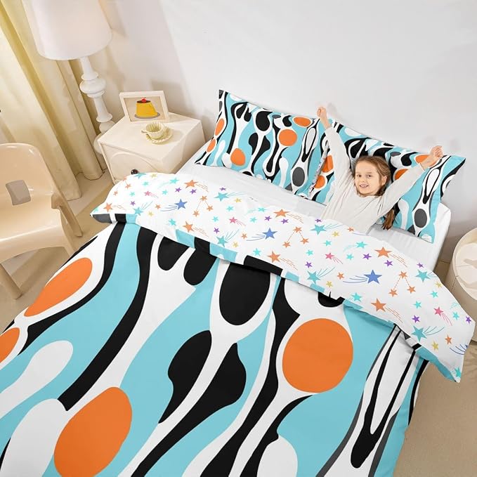 Erosebridal Organic Abstract Duvet Cover Set Modern Contemporary King Bedding Set for Adult Men Boho Mid Century Wavy Lines Comforter Cover Retro Geometric Bed Sets,Turquoise Orange