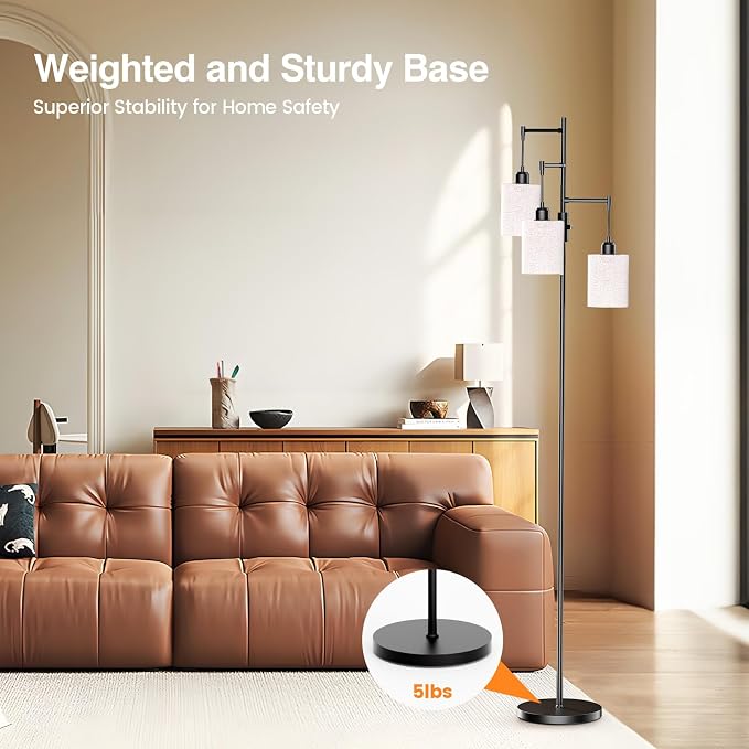 SIBRILLE Dimmable Floor Lamp, Tall Standing Lamp with Linen Shade, Industrial Tree Floor Lamps for Living Room Bedroom Office, 3 x 1000LM LED Bulbs Included