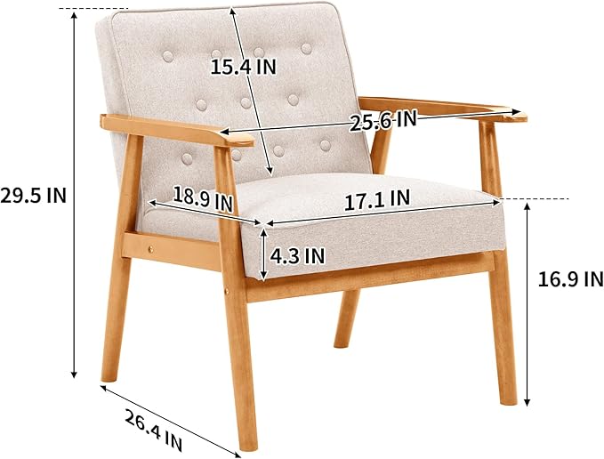 UNICOO® Mid-Century Retro Modern Accent Chairs, Solid Wood Armrest Lounge, Upholstered Mid Century Modern Chair, Walnut Finish with Innerspring Seat Cushion, Linen-Look Fabric(U205-Beige)