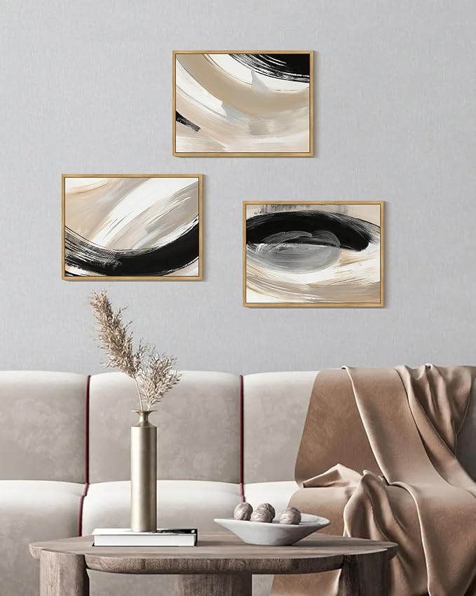 KUVIOKE Black Abstract Framed Wall Art Neutral Minimalist Graffiti Pastel Wall Decor Modern Illustration Art Painting for Bedroom Dining Room 12x16in (Natural Framed)