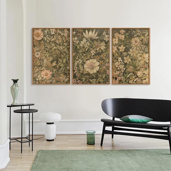 SIGNINART Vintage Floral Framed Canvas Wall Art Set of 3, Mid Century Modern Wildflower Wall Decor, Neutral Botanical Artwork, Retro Plant Art Prints for Bedroom, Living Room, Office 24"x36"
