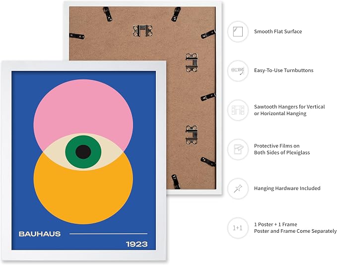 Poster Master Bauhaus Poster - Eye Print - Layered Circles ART - Graphic Design - Geometric Style - Chic Boho ART - Mid Century Modern - Living Room or Bedroom Decor - 11x14 White Framed