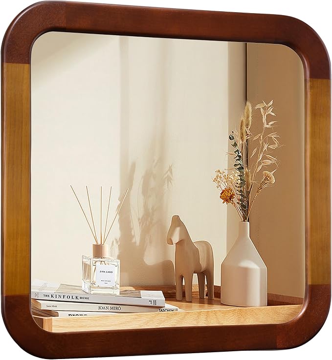 Bathroom Mirror 24 x 24 Inch,Brown Wood Rustic Rectangle Tempered Wall Mirror with Wood Frame,Round Corner Farmhouse Wooden Vanity Mirror for Living Room,Entryway or Bedroom（Walnut Brown）