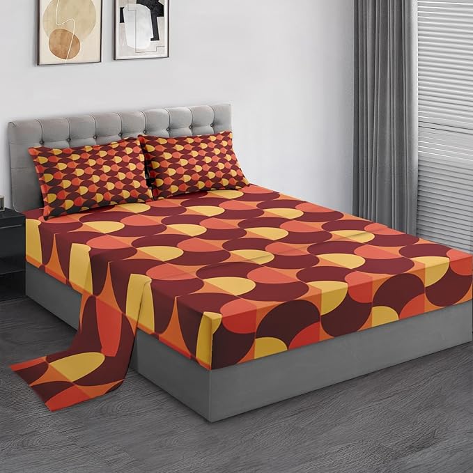 Pamnest Twin Size Bed Sheet Sets, 70S Vintage Mid Century Soft Microfiber 3 Pcs Bedding Sets for Kids and Adults Bedroom Bed Decor, Geometric Flower Retro Flat, Fitted Sheet and Pillowcases