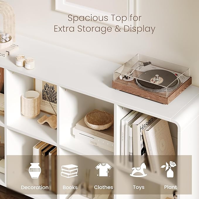 EXPERLAM White 8 Cube Storage Organizer with Legs and Rounded Edges, Mid Century Cube Bookshelf, Low Horizontal Cube Shelf Bookcase for Living Room, Bedroom, Entryway