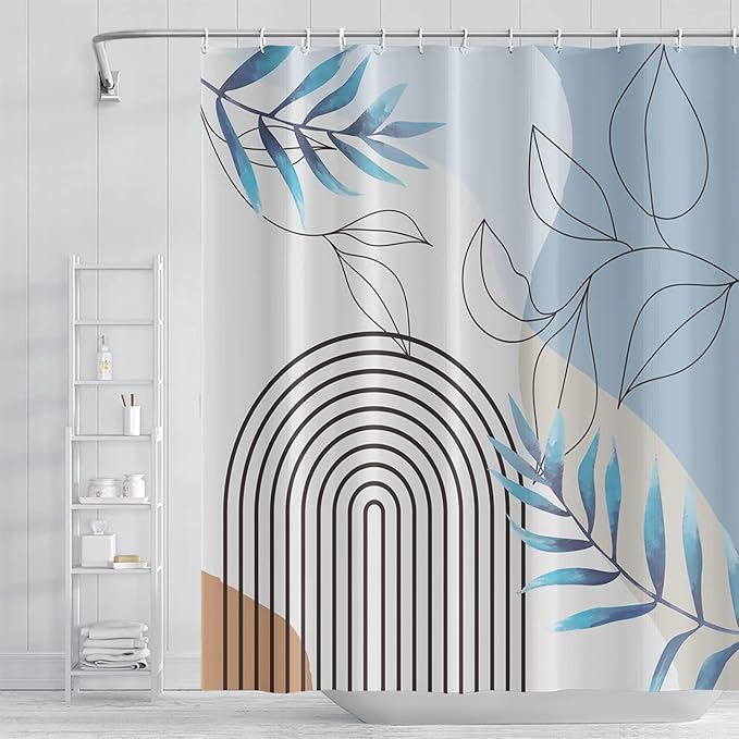 Abstract Mid Century Bathroom Shower Curtain - Bohemian Eucalyptus Leaves Stripes Arch Light Blue With Hooks, Waterproof Fabric Polyester Home Decor, 48x72 Inch