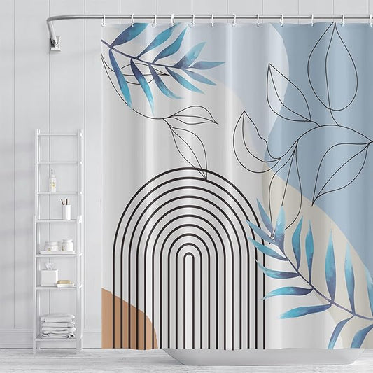 Abstract Mid Century Bathroom Shower Curtain - Bohemian Eucalyptus Leaves Stripes Arch Light Blue With Hooks, Waterproof Fabric Polyester Home Decor, 72x72 Inch