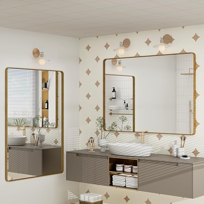 48x40 Gold Bathroom Mirror, Brushed Metal Frame Gold Vanity Mirror, Large Rectangle Mirror for Wall, Rounded Corner, Shatterproof, Anti-Rust (Horizontal/Vertical)
