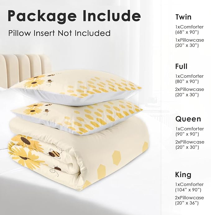 Comforter Set with 2 Pillowcases King Size, Honey Bee Themed Yellow Sunflower, Bed Decor Cute Daisy Flower Bumble Honeycomb for Kids and Adults, Soft Cozy Bedroom Bedding Set
