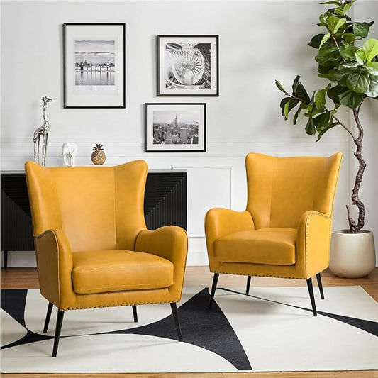 HULALA HOME Faux Leather Accent Chair Set of 2 with Removable Cushion, Comfy Upholstered Armchair with Metal Legs & Nailhead Trim Wingback Vanity Chair for Reading Living Room Bedroom, Yellow