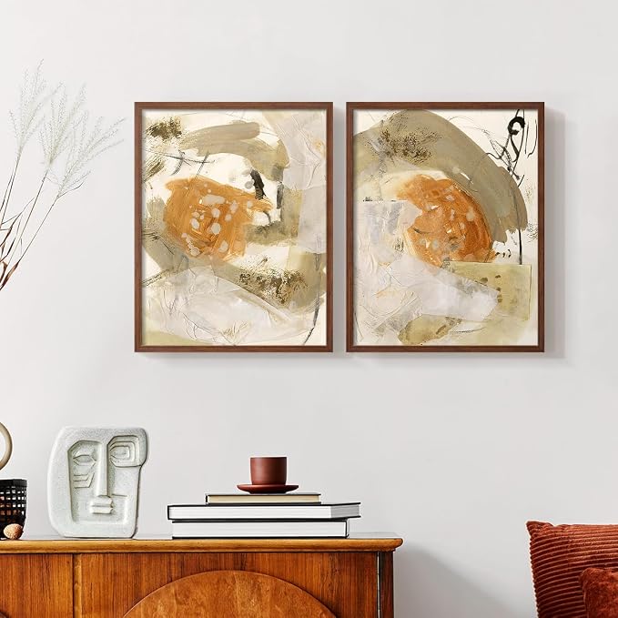 Renditions Gallery Set of 2 Peel & Stick Framed Prints, Neutral Abstract Wall Art, Earthy Tones Blended Brushstrokes Wall Decor, Re-Stickable - Ready to Hang - 22"x28" - Walnut Frame LT588