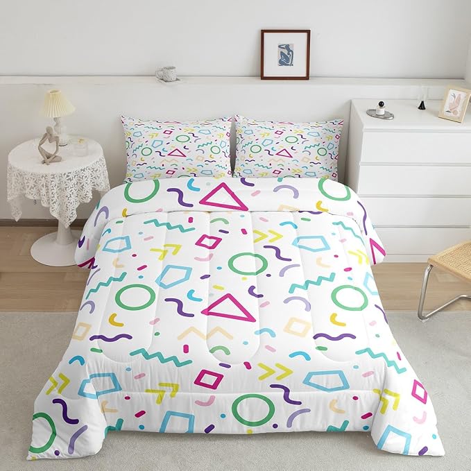 Manfei Memphis Comforter Set Queen Size, Colorful Geometric Vintage Bedding Set 3pcs for Kids Boy Girls, Retro 80s or 90s Fashion Style Quilt Set Soft Polyester Duvet Set with 2 Pillowcases