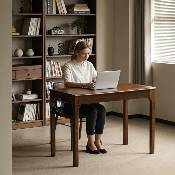 100% Solid Wood Desk with Drawers, Small Home Office Writing Wooden Desk, Vintage Wood Desk for Small Spaces, Bedroom, Work Study Computer Table with Fluted Design and Hooks(Walnut)