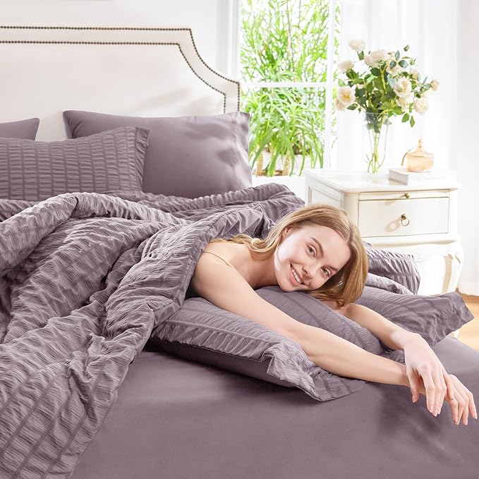 CozyLux Twin XL Comforter Set Dusty Purple, 5 Pieces Seersucker Twin Extra Long Bed in a Bag, College Dorm Down Alternative Bedding Set with Comforter, Sheets, Pillowcase & Sham, Back to School Gift
