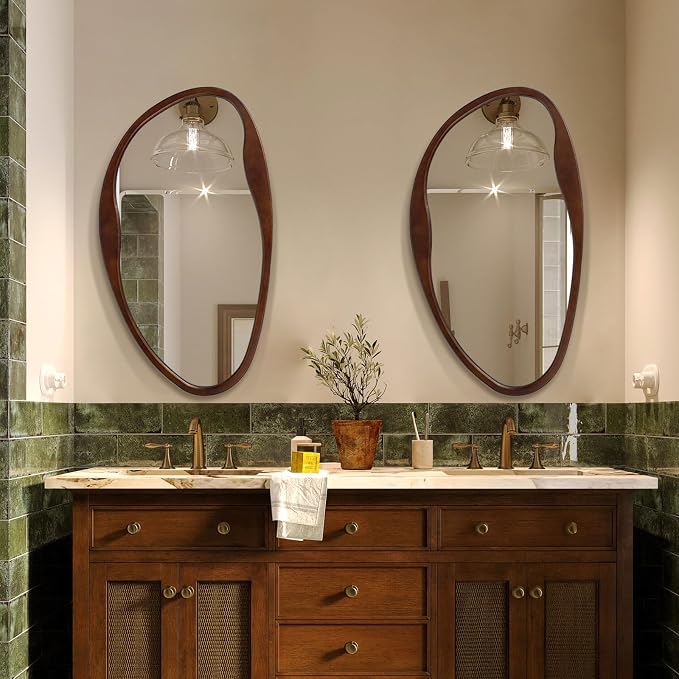 Asymmetrical Wood Mirror, Irregular Wall Mirror, Walnut Wooded Framed Wave Mirrors for Bathroom, Bedroom, Living Room, Entryway, Farmhouse Mid Century Modern Mirrors(36" H x 20" W)