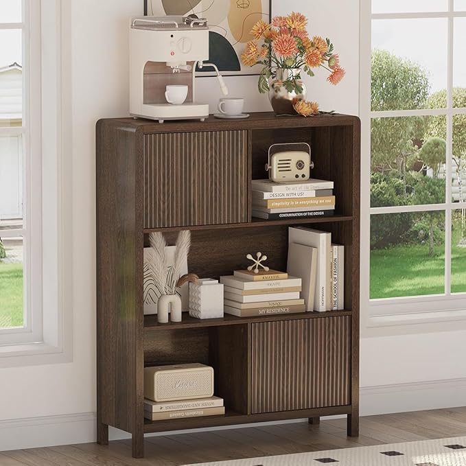 FATORRI Cube Bookshelf with 2 Doors, 4 Tier Wooden Bookcase, 5 Cube Storage Organizer for Home Office (Dark Walnut)