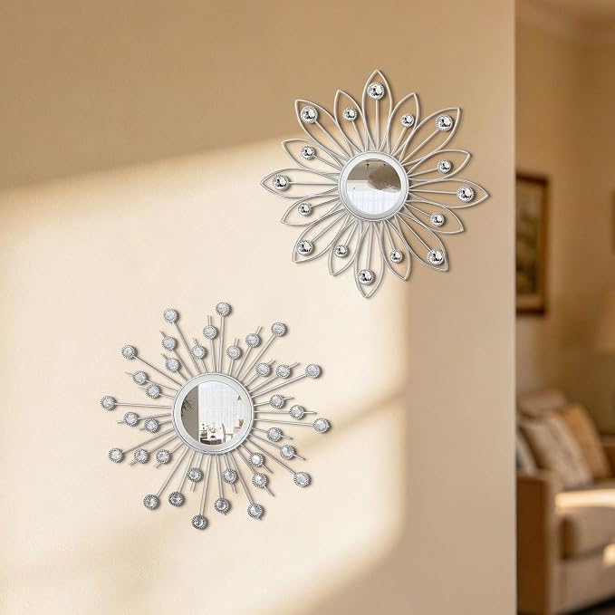 2 Pack Metal Mirrors for Wall Boho Sunburst Wall Mirror Home Decor Modern Decorative Wall Art for Bedroom Living Room Entryway