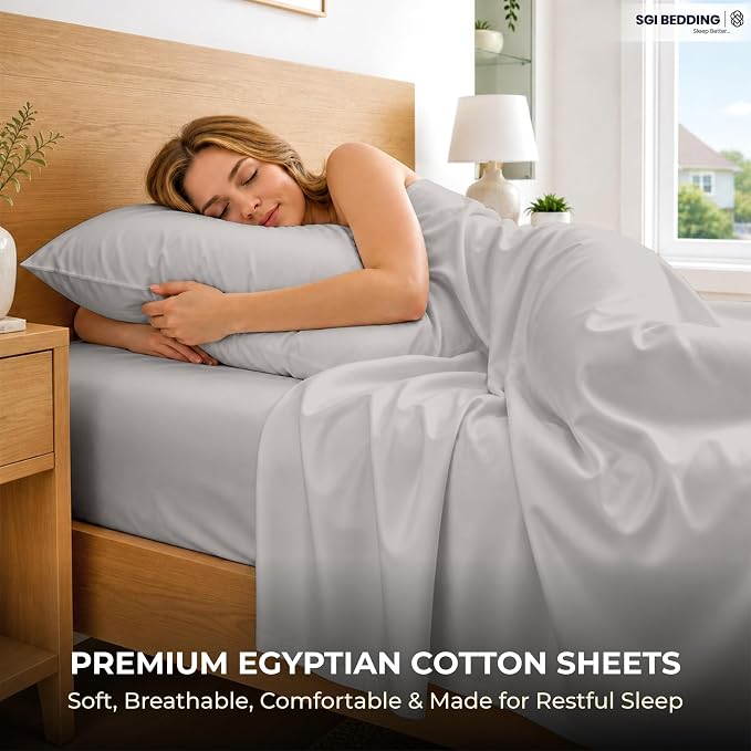 SGI bedding 100% Egyptian Cotton Sheets Twin XL Size – 600 Thread Count Sheets Set, Soft, Cooling, 15" Deep Pocket, Luxury Hotel Bedding, Breathable, Durable - Light Grey