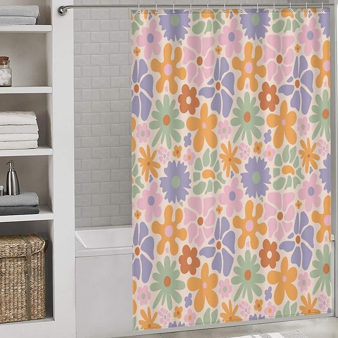Mid Century Colorful Floral Shower Curtain, Boho Abstract Vintage Retro Orange Flower Botanical Aesthetic Washable Waterproof Fabric for Bathroom Decor Bathtub with 12 Hooks 55x72in（140x183cm）