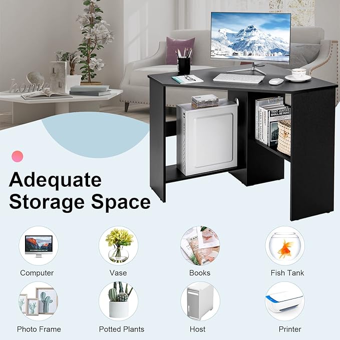 LDAILY Corner Desk, Space Saving 90 Degree Triangle Computer Desk with Storage Shelves & Cable Holes, Wood Compact Corner Writing Table for Small Spaces, Home Office, Bedroom & Living Room, Black