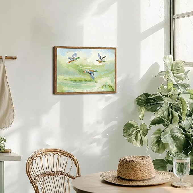 Vintage Mallard Duck Wall Art Cottagecore Flying Ducks Wall Decor Painting Rustic Bird Animal Landscape 3D Textured Hand Drawn Sandstone Artwork for Living Room Bedroom 16x24 inch Framed