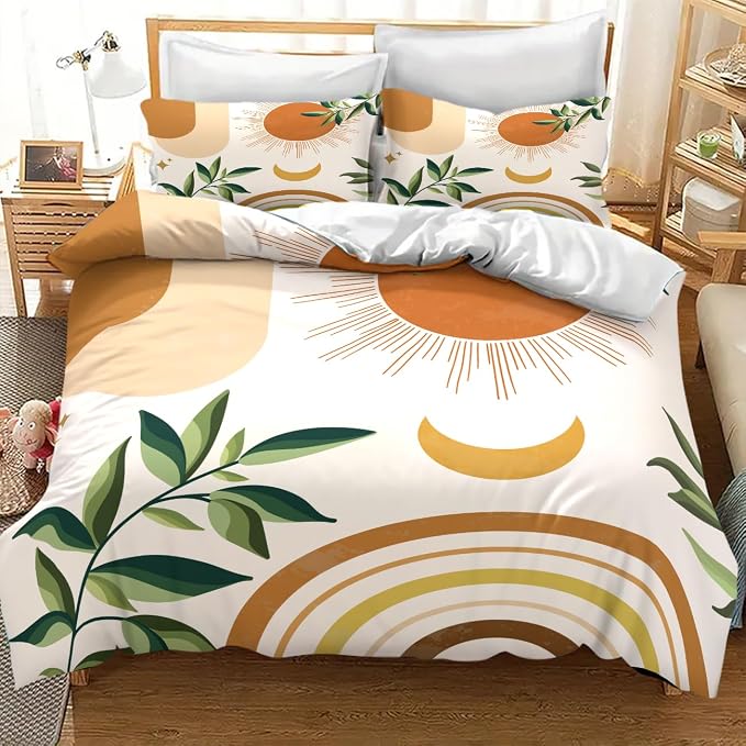 Mid Century Leaf Bedding Set,Boho Tropical Nature Plants Modern Minimalist Comforter Set with Pillowcase for Bedroom Bed Decor，Twin 86"x70"