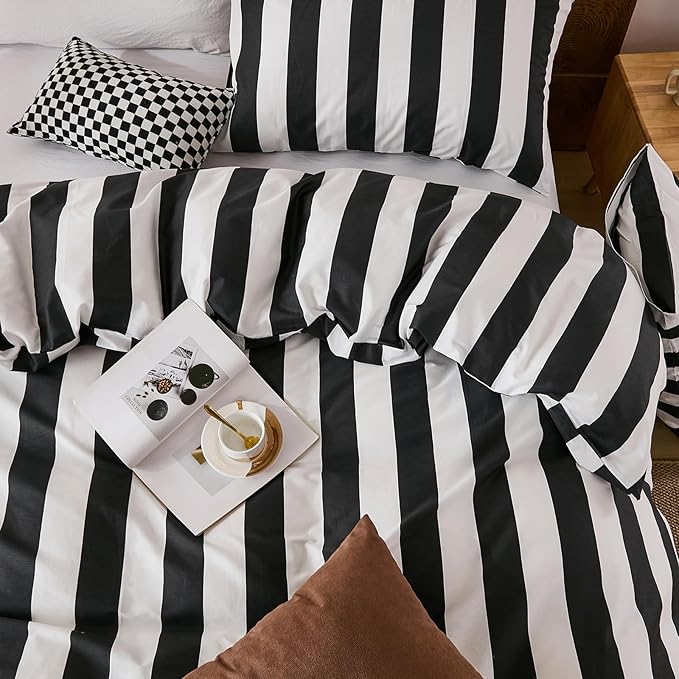 Merryword Black and White Striped Duvet Cover Set Queen Size - 100% Cotton Duvet Cover Set with Zipper Closure & 8 Corner Ties, 3-Piece Luxury Linen Like Bedding Set for All Seasons
