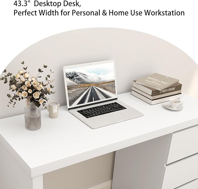 furtble White Desk with Drawers, 43'' W Home Office Computer Desk Gaming Table, Modern Vanity Desk with Storage, Wood Writing Workstation for Bedroom, Living Room, White
