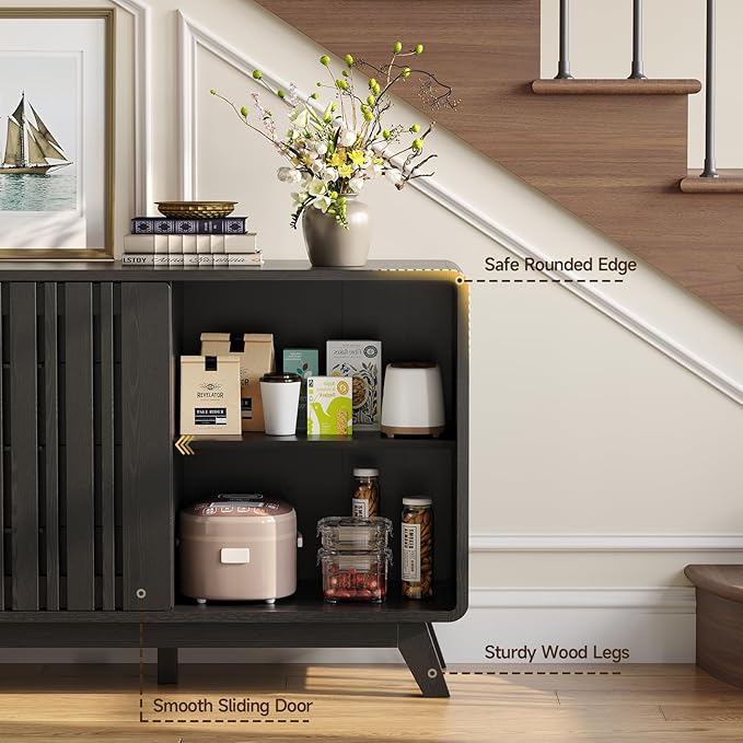 ONBRILL Sideboard Buffet Cabinet with Storage, Fluted Buffet Cabinet with Sliding Doors & 4 Drawers, Mid Century Modern Coffee Bar Wine Bar Credenza for Living Room, Kitchen (Black)