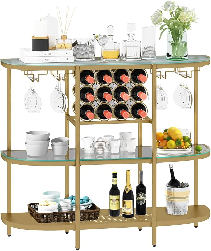 O&K FURNITURE Home Bar Table with Wine Racks, 3 Tier Wine Bar Table with Glass Holders, Wine Cabinet with Open Shelf, Liquor Bar Coffee Bar Table for Living Room Kitchen, Gold