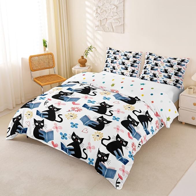 Erosebridal Kawaii Pet Cat Comforter Cover Full Black Kitten Cat Lovers Bedding Set Trendy Preppy Florals Duvet Cover for Kids Girls Boys Adults Cute Animals Reading Aesthetic Bed Set
