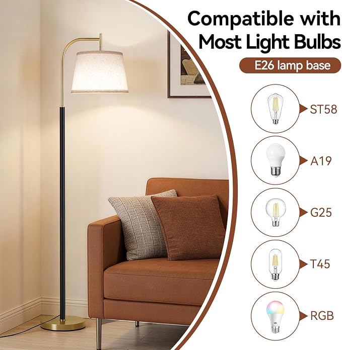SUNMORY Wood Floor Lamp for Living Room, Mid Century Modern Floor Lamp with 3 Color Temperatures Bulb, Arc Standing Lamp with Adjustable Lampshade, Tall Reading Lamp for Bedroom, Corner, Office