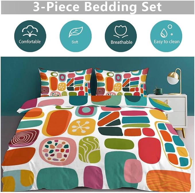 Mid Century Modern Bedding Set,Retro Geometric Colorful Diamond Abstract Geometric Vintage 60s 70s Pattern Comforter Set with Pillowcase for Bedroom Bed Decor,Full 79"x90"