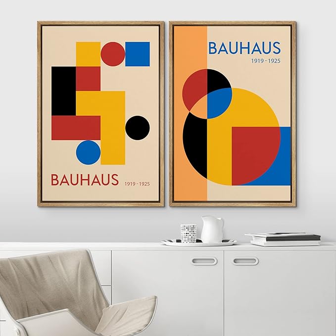 IDEA4WALL Framed Canvas Print Wall Art Set Bauhaus Mid-Century Geometric Block Polygons Abstract Shapes Illustrations Modern Art Decorative for Living Room, Bedroom, Office - 24"x36"x2 Natural