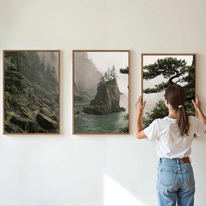 Rantodecor Coastal Forest Framed Canvas Wall Art, Pacific Northwest Coast landscape Wall Decor, Nature PNW Mountain Sea Art Paintings, Sage Green Pine Artwork for Bedroom Living Room Office 16"x24"x3
