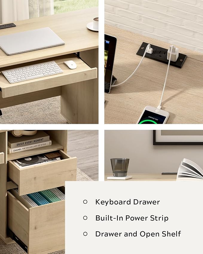 47" Executive Desk with File Drawer, Farmhouse Computer Desk with Charging Station and Open Storage Compartment Wooden Home Office Desk for Writing Study Working, Light Oak