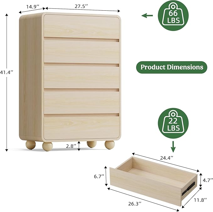 Lulive Wood Dresser for Bedroom, 41” Tall Chest of Drawers with 5 Drawers, Modern Closet Storage Drawer with Curved Profile Design for Living Room, Hallway, Entryway, Natural