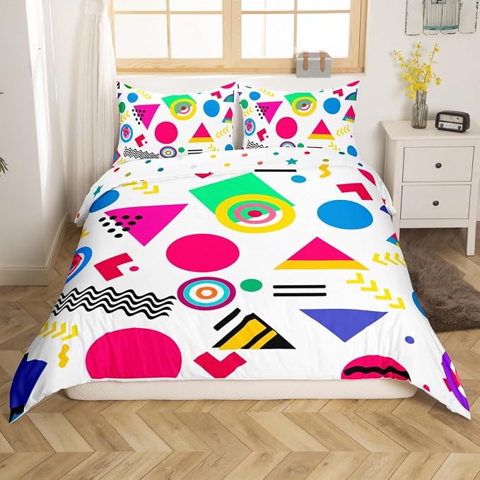 80s Bedding Set Memphis Pattern Old Fashion Comforter Cover,Vintage 90s Memphis Style Duvet Cover Abstract Geometric Pattern Retro Bed Set Full,Rainbow Urban Modern Circles Triangle Room Decor