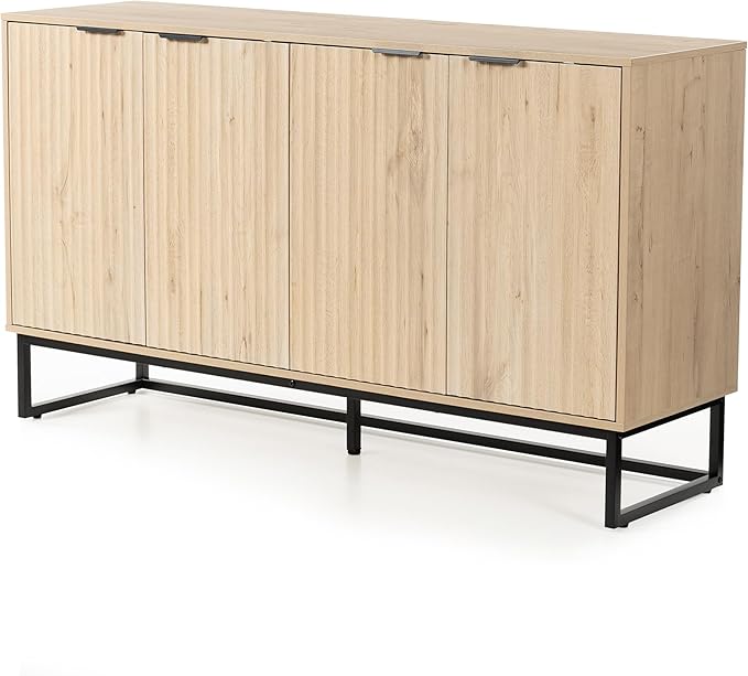 Fluted Storage Cabinet with 4 Doors, 55" Large Sideboard Buffet Cabinet with Adjustable Shelves Kitchen Wooden Credenza Coffee Bar Console Table for Dining Room Living Room, Light Oak