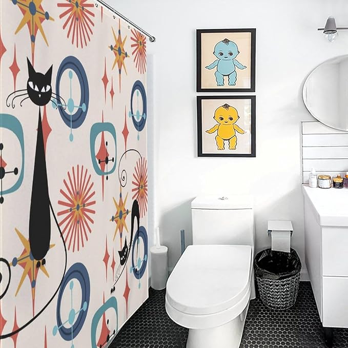 Mid Century Black Cat Shower Curtain,Modern Atomic Retro Abstract Geometric 60s 70s Iconic Decor Fabric Bathroom Curtain with Hook 72x72in（183x183cm）