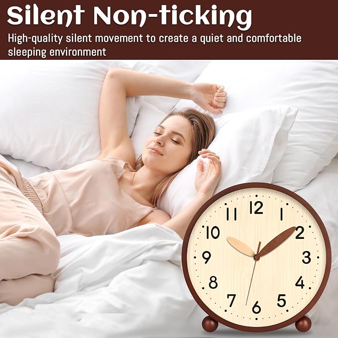 Maxspace Wooden Table Clock,8in Silent Non-Ticking Desk Clock,Battery Operated Desktop Analog Clock for Living Room Bedroom Kitchen Office Classroom Decor (Walnut - Log)