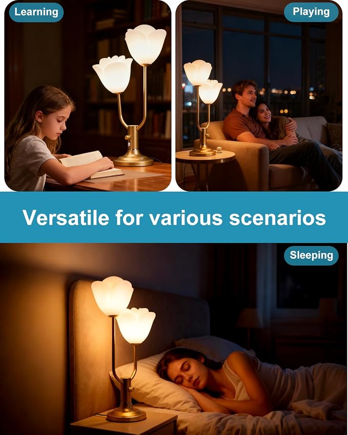 Lightdot Women Bedside Table Lamps for Bedroom, 2-Light Cute Flower Desk Lamp with G9 LED Bulbs, 0-100% Stepless Dimmable Gold Nightstand Lamp, Floral Lamp for Living Room, Home Office,Reading