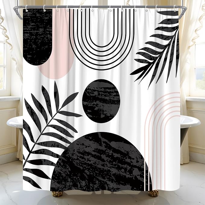 Mid Century Modern Shower Curtain Boho Black Abstract Retro Aesthetic Fabric for Bathroom Decor Bathtub with Hooks (70" WX84 H)