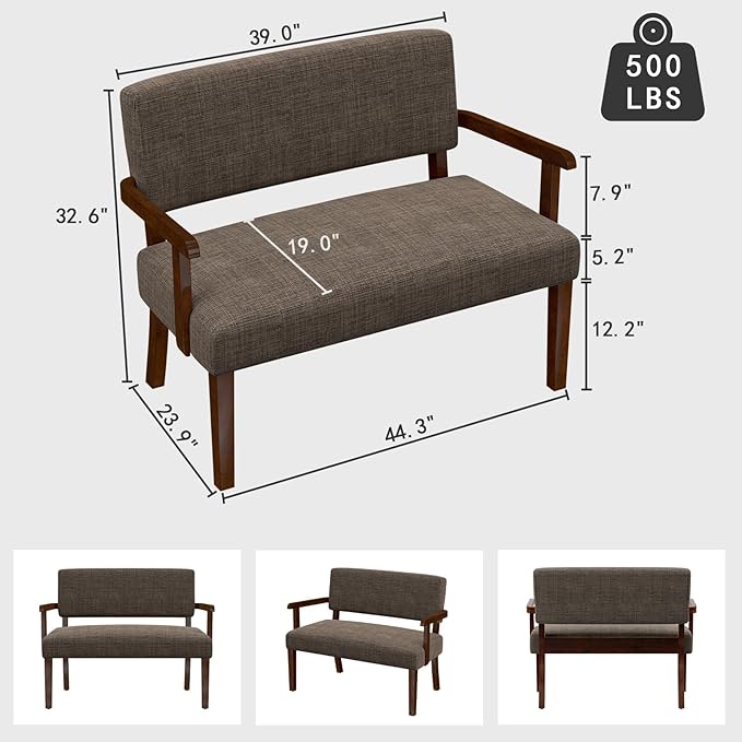 Accent Chair 2 Seat, Upholstered Reading Leisure Chair, Bench with Solid Wood Frame for Dining, Reading,Waiting Rooms (Brown)
