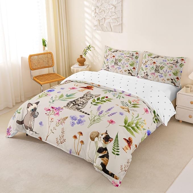 Erosebridal Cute Cat Bedding Set King Kitten Cat Lovers Duvet Cover Cream Boho Watercolor Floral Comforter Cover for Kids Girls Boys Adults Funny Pet Animal Bed Set