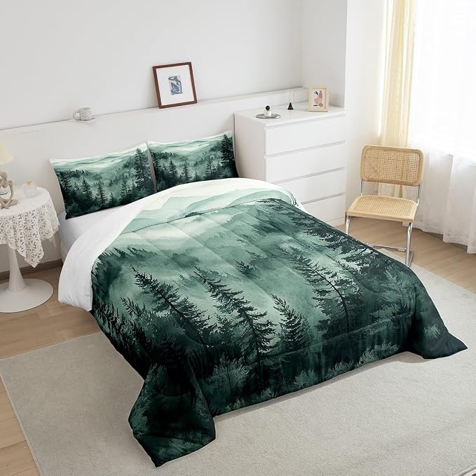 Erosebridal Green Misty Forest Comforter Set King Jungle Smoky Mountain Bedding Set for Kids Boys Girls Pine Tree Fog Magic Comforter Rustic Nature Woodland Quilt Duvet