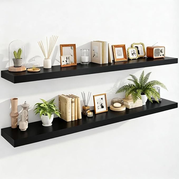 IAE Floating Wall Shelves 55 inch,Bathroom Shelving Wall Mounted,Invisible Shelving Floating Kitchen Shelves,Wooden Wall Shelf with Brackets for Living Room Wall Mounted,Easy Install,Set of 2,Black